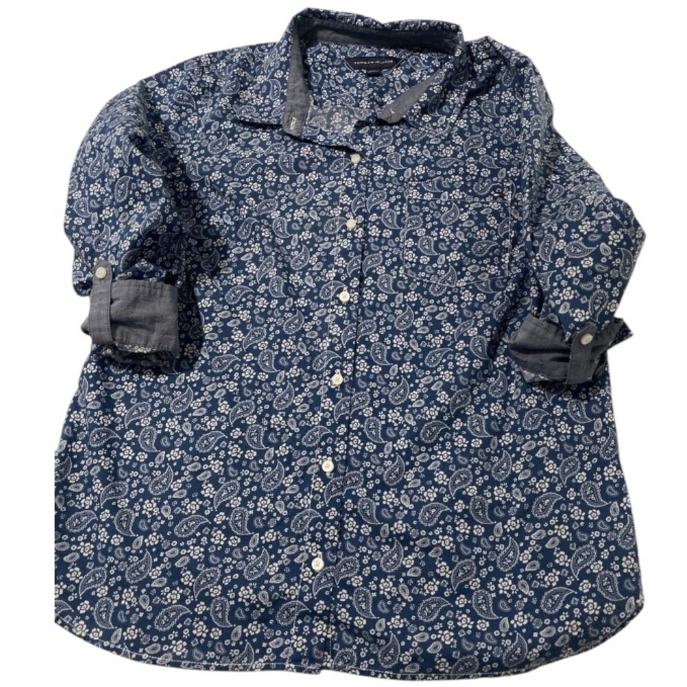 Vintage Floral Blouse Tommy Hilfiger Chambray Blue Cotton Minimalist Size XL - Picture 9 of 17